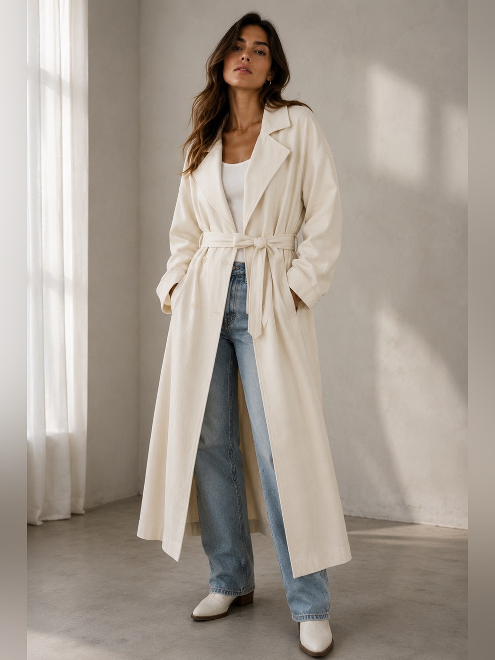 H&M Tie-Belt Coat in Ivory